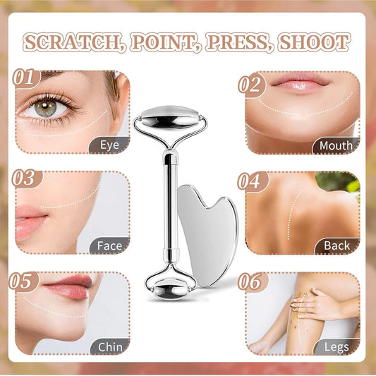 Stainless Steel Gua Sha & Ice Roller Set — Depuff, Lift & Contour | Free UK Delivery
