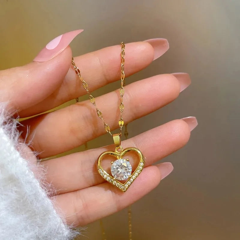 Heart Pendant Necklace — Gold Stainless Steel Gem Chain for Women | Free UK Delivery