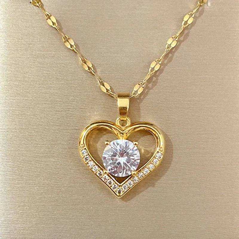 Heart Pendant Necklace — Gold Stainless Steel Gem Chain for Women | Free UK Delivery