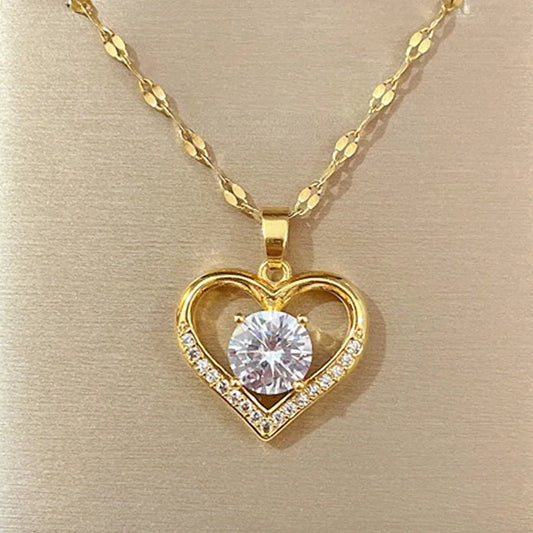 Heart Pendant Necklace — Gold Stainless Steel Gem Chain for Women | Free UK Delivery