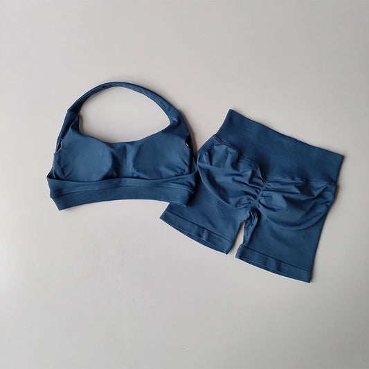 Halter Neck Yoga & Fitness Set — Sports Bra & High-Waist Shorts