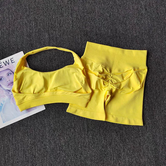 Women's Seamless Yoga Gym Set — Halter Sports Bra & Shorts Workout Outfit | Free UK Delivery