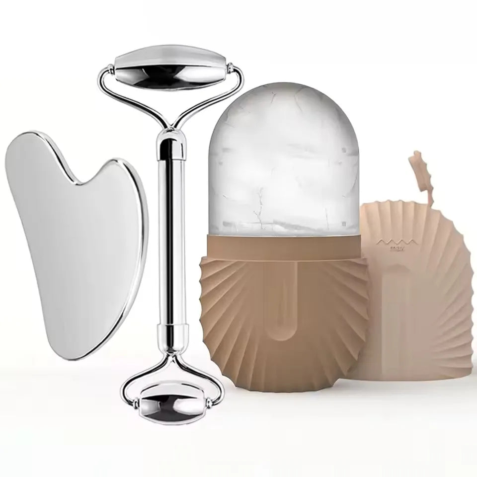 Stainless Steel Gua Sha & Ice Roller Set — Depuff, Lift & Contour | Free UK Delivery
