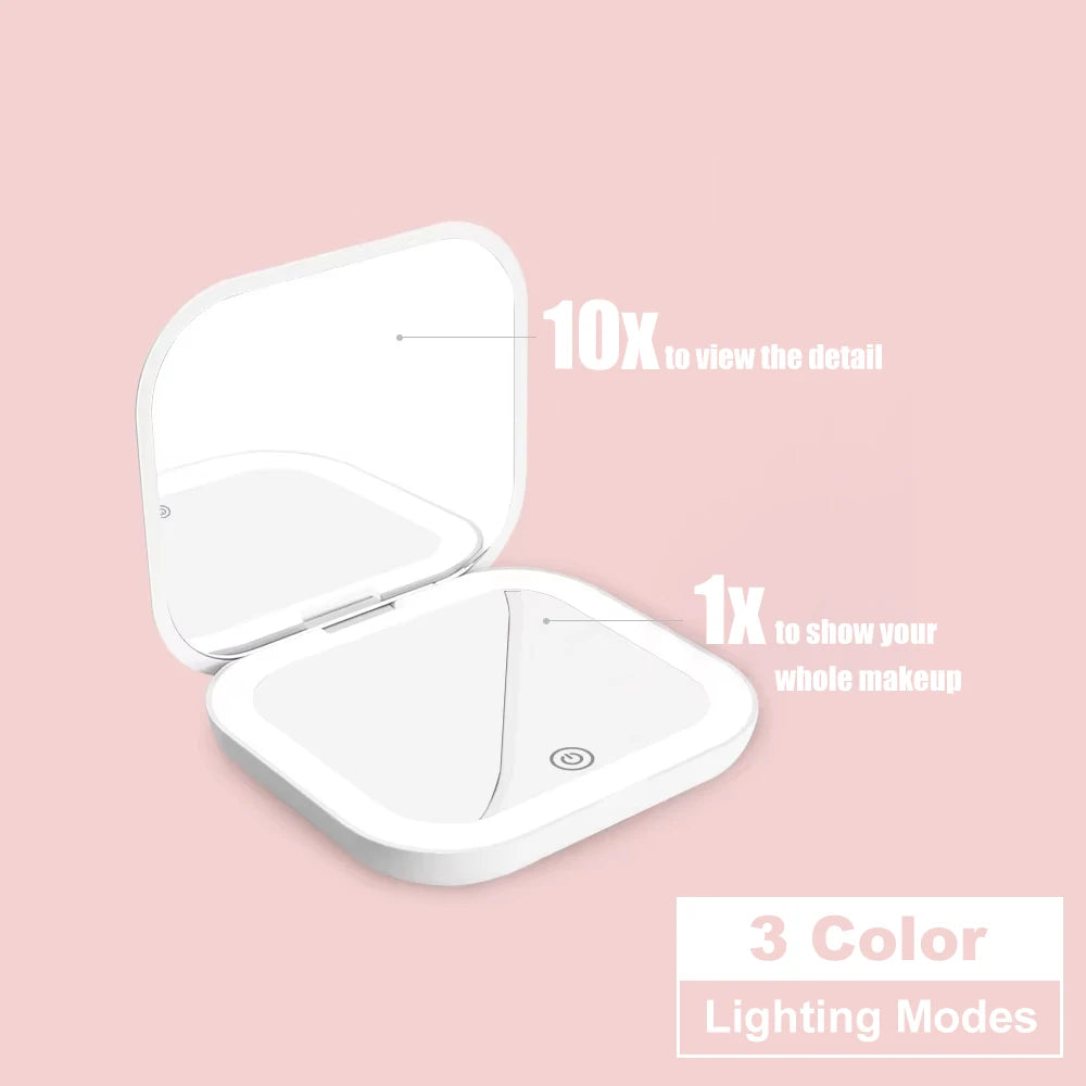 LED Compact Mirror with Lights — 1X/2X Magnification Folding Pocket Travel Mirror | Free UK Delivery