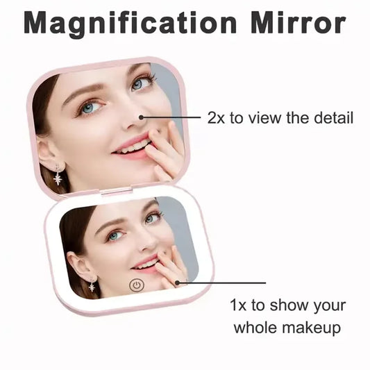 LED Compact Mirror with Lights — 1X/2X Magnification Folding Pocket Travel Mirror | Free UK Delivery