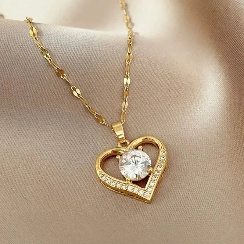 Heart Pendant Necklace — Gold Stainless Steel Gem Chain for Women | Free UK Delivery