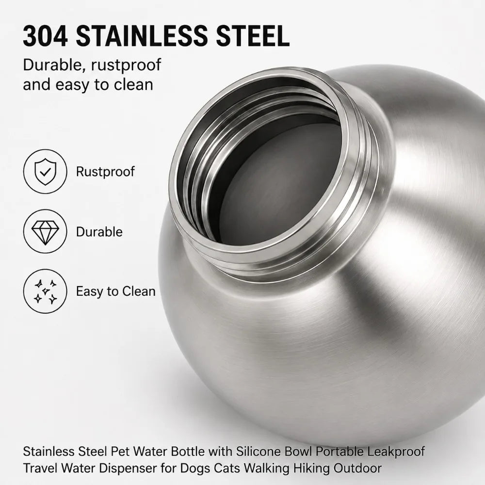 Dog Water Bottle with Silicone Bowl — Stainless Steel Leak-Proof for Walks & Outdoors | Free UK Delivery