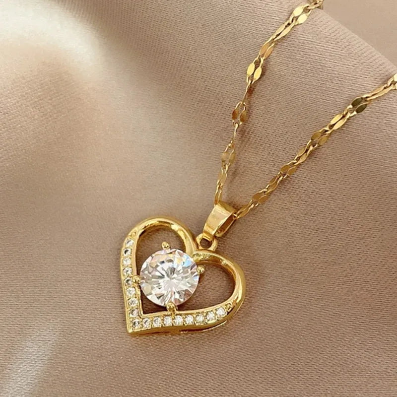 Heart Pendant Necklace — Gold Stainless Steel Gem Chain for Women | Free UK Delivery