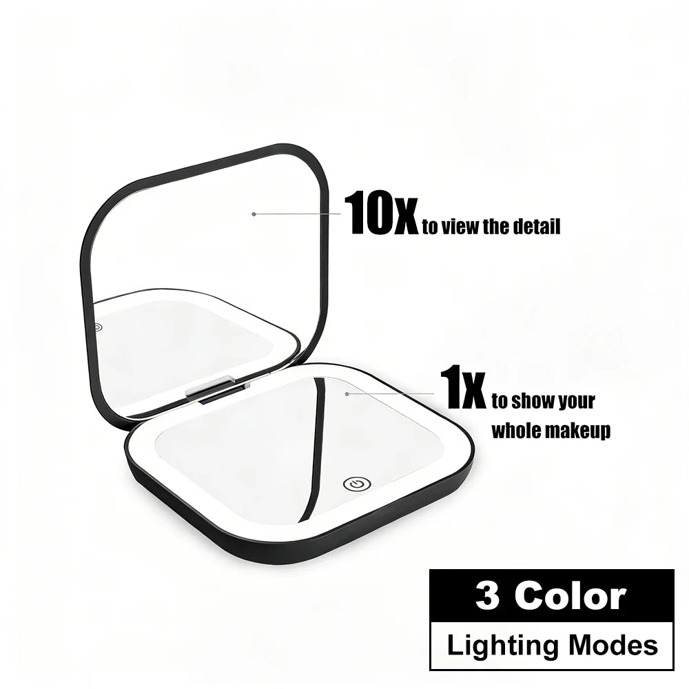LED Compact Mirror with Lights — 1X/2X Magnification Folding Pocket Travel Mirror | Free UK Delivery