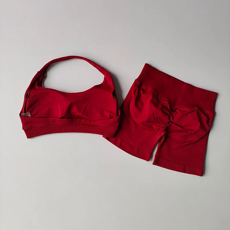 Women's Seamless Yoga Gym Set — Halter Sports Bra & Shorts Workout Outfit | Free UK Delivery
