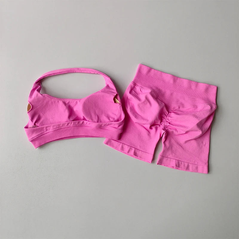 Halter Neck Yoga & Fitness Set — Sports Bra & High-Waist Shorts | Free UK Delivery