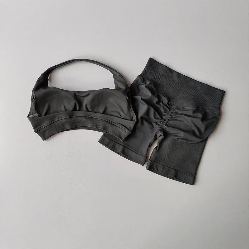 Halter Neck Yoga & Fitness Set — Sports Bra & High-Waist Shorts | Free UK Delivery