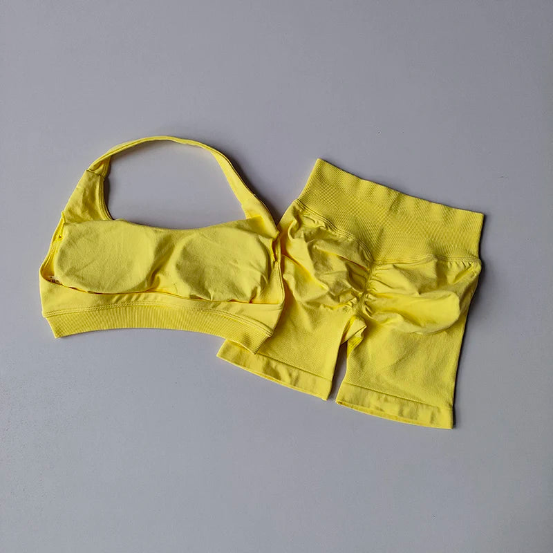 Halter Neck Yoga & Fitness Set — Sports Bra & High-Waist Shorts | Free UK Delivery