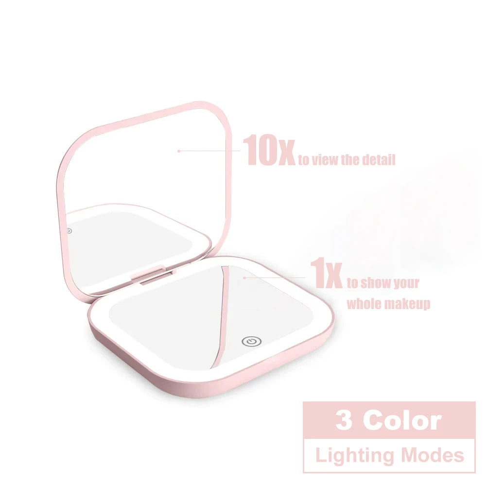 LED Compact Mirror with Lights — 1X/2X Magnification Folding Pocket Travel Mirror | Free UK Delivery