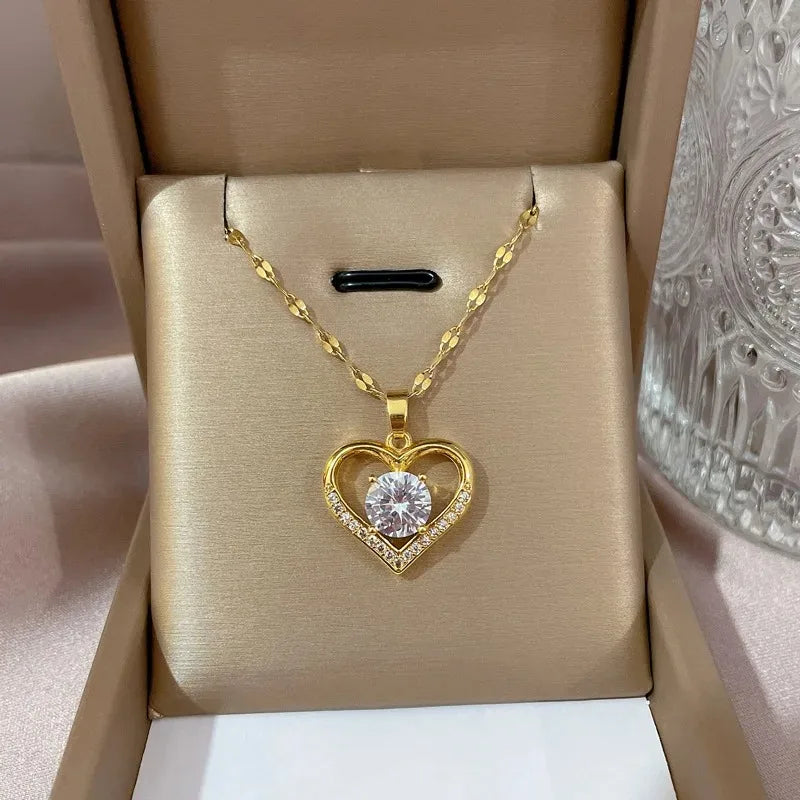 Heart Pendant Necklace — Gold Stainless Steel Gem Chain for Women | Free UK Delivery