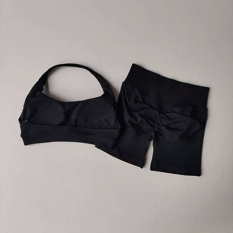 Halter Neck Yoga & Fitness Set — Sports Bra & High-Waist Shorts | Free UK Delivery
