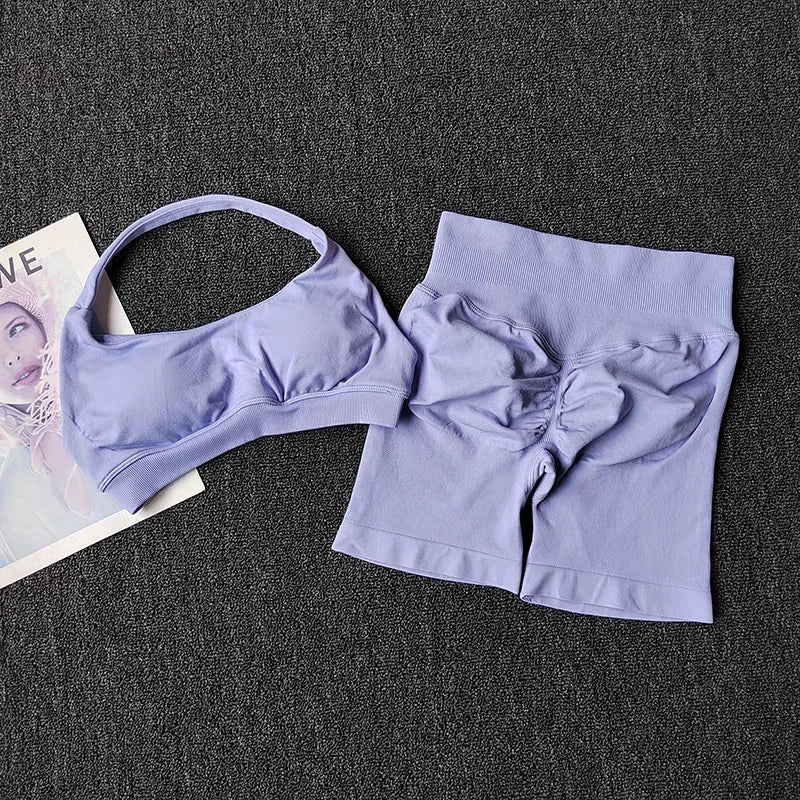 Women's Seamless Yoga Gym Set — Halter Sports Bra & Shorts Workout Outfit | Free UK Delivery
