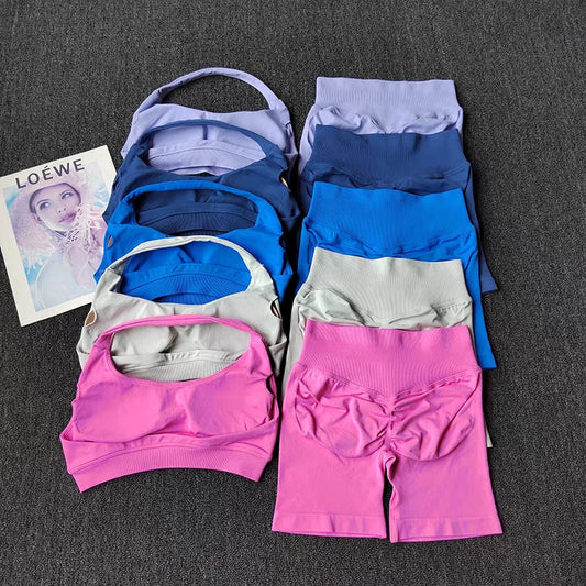Women's Seamless Yoga Gym Set — Halter Sports Bra & Shorts Workout Outfit | Free UK Delivery