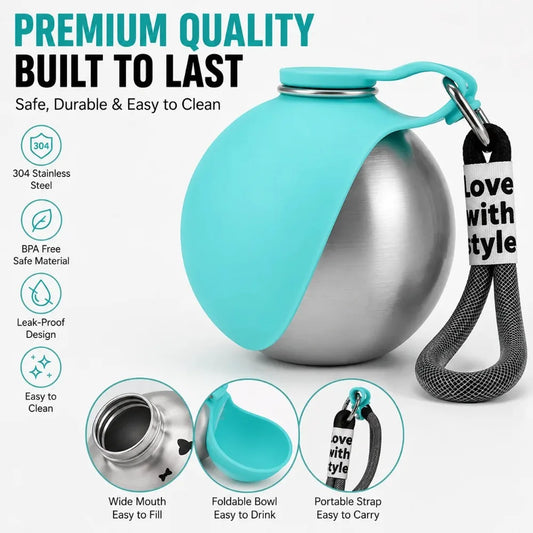 Dog Water Bottle with Silicone Bowl — Stainless Steel Leak-Proof for Walks & Outdoors | Free UK Delivery