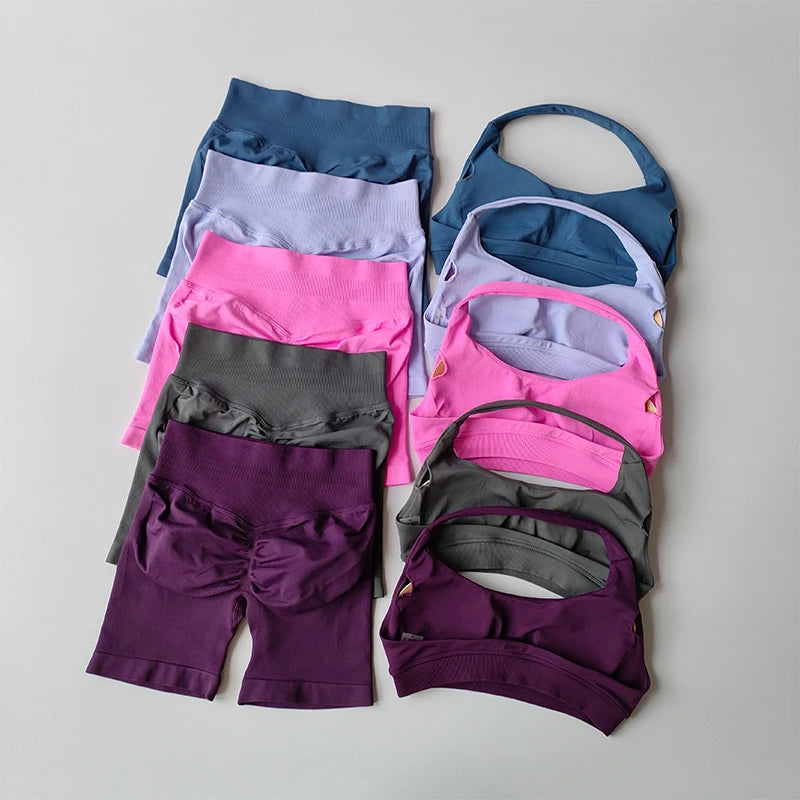 Halter Neck Yoga & Fitness Set — Sports Bra & High-Waist Shorts | Free UK Delivery