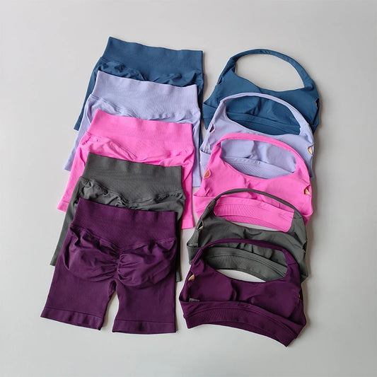 Halter neck yoga sports bra and shorts set UK